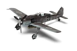 A fully assembled and painted 1/72 scale plastic model of a Focke-Wulf Fw190 fighter aircraft, shown from a high-angle front three-quarter view.