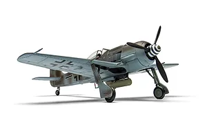 A completed 1/72 scale plastic model of a Focke-Wulf Fw190 fighter aircraft, painted in camouflage with German markings, shown on a white background.