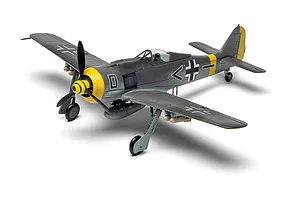 A fully assembled and painted 1/72 scale plastic model of a Focke-Wulf Fw190 fighter aircraft, featuring a grey camouflage scheme with yellow nose and tail markings.