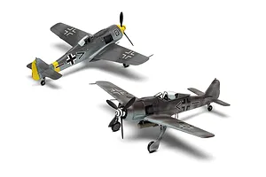Two assembled and painted 1/72 scale plastic model Focke-Wulf Fw190 fighter aircraft on a white background.
