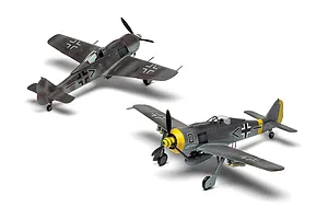 Two assembled and painted 1/72 scale plastic model Focke-Wulf Fw190 fighter aircraft shown from different angles against a white background.