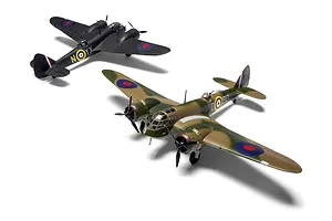 Two assembled and painted 1/72 scale model Bristol Blenheim aircraft on a white background, one in camouflage and one in black.