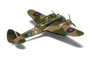 A fully assembled and painted 1/72 scale model of a Bristol Blenheim Mk.IF fighter aircraft in RAF camouflage.