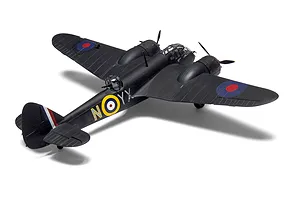 A completed 1/72 scale plastic model of a black Bristol Blenheim Mk.IF fighter aircraft, viewed from the rear three-quarter angle on a white background.
