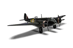 A fully assembled and painted 1/72 scale model of a Bristol Blenheim Mk.IF fighter aircraft in black livery, viewed from a front three-quarter angle.