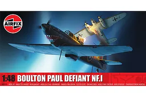 Box art for Airfix 1/48 Boulton Paul Defiant NF.1 model kit showing a Boulton Paul Defiant engaging a German aircraft in a night sky.
