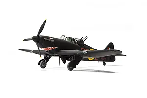 A completed 1/48 scale model of a Boulton Paul Defiant NF.1 fighter aircraft painted in black with shark mouth nose art, set against a white background.
