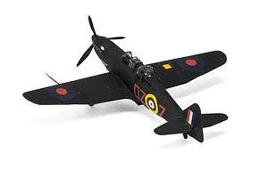 A completed 1/48 scale plastic model of a black Boulton Paul Defiant NF.1 night fighter with RAF markings, viewed from a high rear angle.
