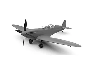 A grey, unpainted plastic model of a Supermarine Spitfire Tr.9 aircraft, showing the dual-cockpit configuration and landing gear.