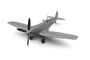 An assembled, unpainted grey plastic model of a Supermarine Spitfire Mk.IXe fighter aircraft on a white background.