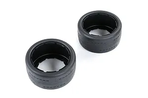 Two black Rovan RC buggy slick rear tyres viewed from an angle against a white background.
