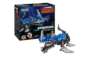 Revell CyberBeasts HydroFang 1/35 scale model kit box and the assembled blue and grey robotic creature toy on a white background.