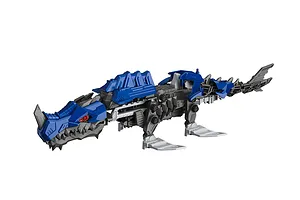 A studio shot of the Revell CyberBeasts HydroFang model kit, a blue and grey robotic creature with a long tail and fin-like feet.