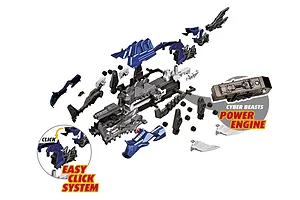 Exploded view of the Revell CyberBeasts HydroFang model kit showing various plastic parts, the power engine unit, and assembly details.