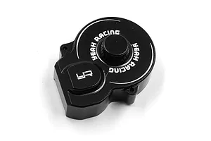 A black aluminium motor cover for RC cars by Yeah Racing, featuring the brand name and logo printed in white.