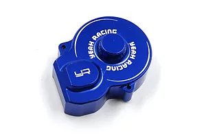 A dark blue anodized aluminium RC motor gear cover by Yeah Racing with white branding.