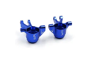 Two dark blue anodized aluminium front steering hubs for RC cars, featuring the Yeah Racing logo.