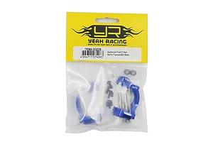 Yeah Racing aluminium front C-hubs in dark blue for Traxxas Mini Maxx, packaged in a clear plastic bag with a yellow header card.
