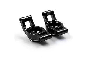 Two black anodized aluminium RC car rear hubs positioned side-by-side against a white background.