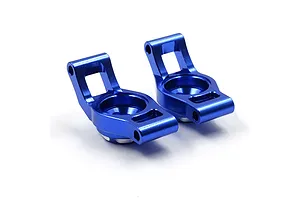 Two dark blue anodized aluminium RC car rear hubs on a white background.