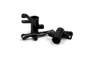 A set of black anodized aluminium steering bell crank and drag link components for an RC car, featuring the Yeah Racing logo.