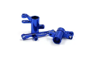 A set of dark blue anodized aluminium steering bell crank and drag link components for an RC car, featuring the Yeah Racing logo.