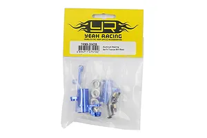 Yeah Racing Aluminium Steering Bell Crank and Drag Link set for Traxxas Mini Maxx in dark blue, packaged in a clear plastic bag with a yellow header card.