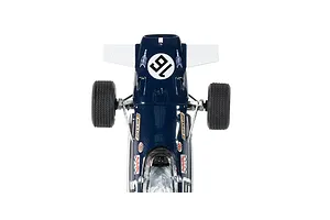 Top-down view of a dark blue Scalextric 1/32 scale 1969 Brabham BT26 slot car with number 16 on the nose.