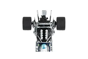 Top-down view of the rear engine and chassis detail of a 1/32 scale Scalextric Brabham BT26 slot car.
