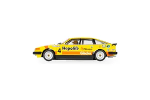 Side profile of a yellow Scalextric 1/32 scale 1983 Rover SD1 slot car with number 4 and Hepolite racing livery on a white background.