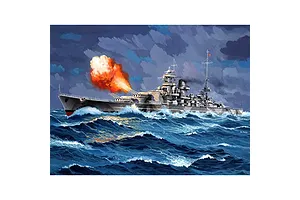 An artistic illustration of the Gneisenau battleship firing its main guns at sea under a stormy sky.