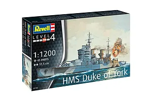 Revell 1/1200 scale HMS Duke of York battleship plastic model kit box showing artwork of the ship at sea.