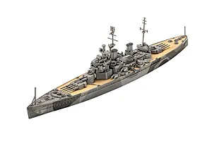 A high-angle studio shot of a fully assembled and painted 1/1200 scale plastic model of the HMS Duke of York battleship on a white background.