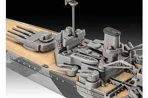Close-up view of the deck and superstructure of a Revell 1/1200 scale HMS Duke of York battleship plastic model kit.