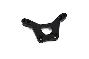 A black anodized aluminium front shock tower for an RC car, featuring mounting holes and a central cutout, isolated on a white background.