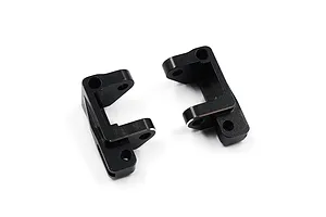 Two black aluminium C-hub steering carriers for RC cars, shown from different angles on a white background.