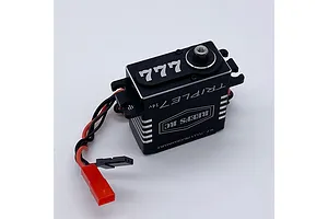 Reefs RC Triple 7 brushless metal geared servo in black, featuring a 14V rating and wiring with a red JST connector.