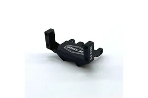 A black anodized aluminium servo mount for RC vehicles with the Reefs RC logo printed on the top surface.