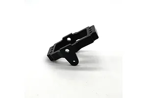 A black anodized aluminium RC servo mount from Reefs RC, shown from an angled perspective against a white background.