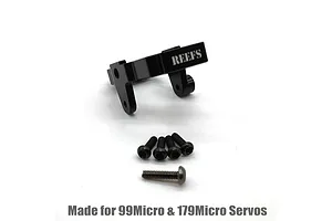 Black aluminium Reefs RC servo mount with mounting screws on a white background.