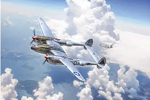 Box art illustration of a P-38J Lightning fighter plane in flight over clouds, with a German fighter in the distance.