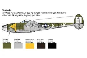 A technical illustration of a P-38J Lightning aircraft in olive drab and grey camouflage, showing paint color swatches for the model kit.