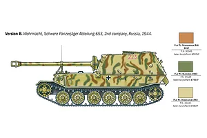 A side-profile illustration of a German Elefant tank destroyer with camouflage paint, including a color guide for Italeri paints.