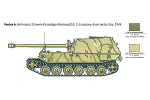 A side-profile illustration of a German Elefant tank destroyer with camouflage paint, including color swatches for painting the model.