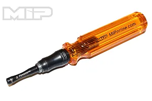 MIP 4.0mm nut driver with a translucent amber handle and black metal speed tip, isolated on a white background.