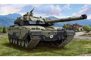 Box art illustration of a British Challenger 1 tank in a field with mountains in the background.
