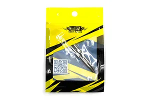 Two Yeah Racing titanium turnbuckles packaged in a yellow and black branded plastic bag.