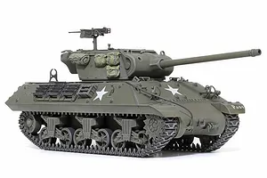 A fully assembled and painted 1/35 scale Tamiya M36 U.S. Tank Destroyer model, featuring olive drab paint, white star markings, and a mounted machine gun.
