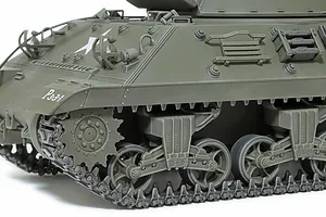 Close-up of the front suspension and tracks on a Tamiya 1/35 scale M36 U.S. Tank Destroyer plastic model kit.