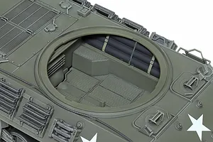 Top-down view of the open turret ring and interior of a Tamiya 1/35 scale M36 U.S. Tank Destroyer plastic model kit, showing detailed floor and storage.